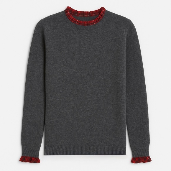 Two Bees Small Cashmere Gray Sweater Red Plaid Cuffs — 100% CASHMERE - Picture 1 of 4